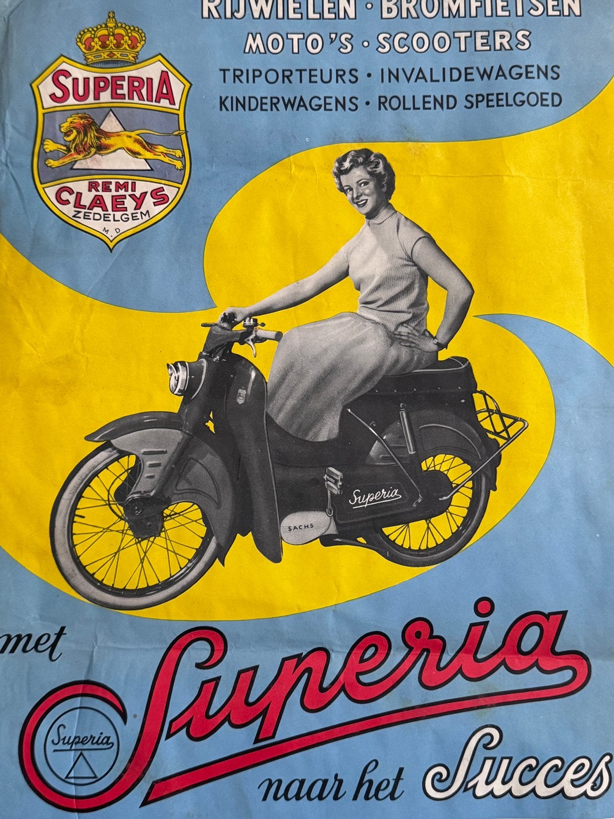 Originele oude Superia bromfietsen affiche 1957 Flandria, Fietsen en Brommers, Brommers | Oldtimers, Ophalen, Overige merken