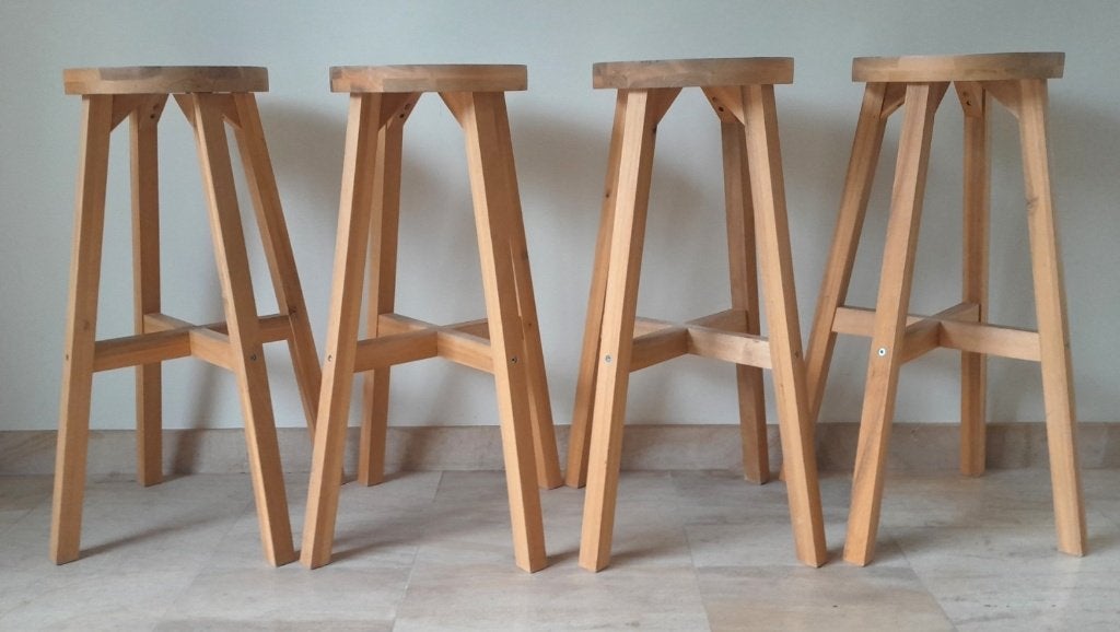 IKEA barkrukken van dennenhout - Set van 4, Gebruikt, Met voetsteun, 60 tot 90 cm, Ophalen of Verzenden