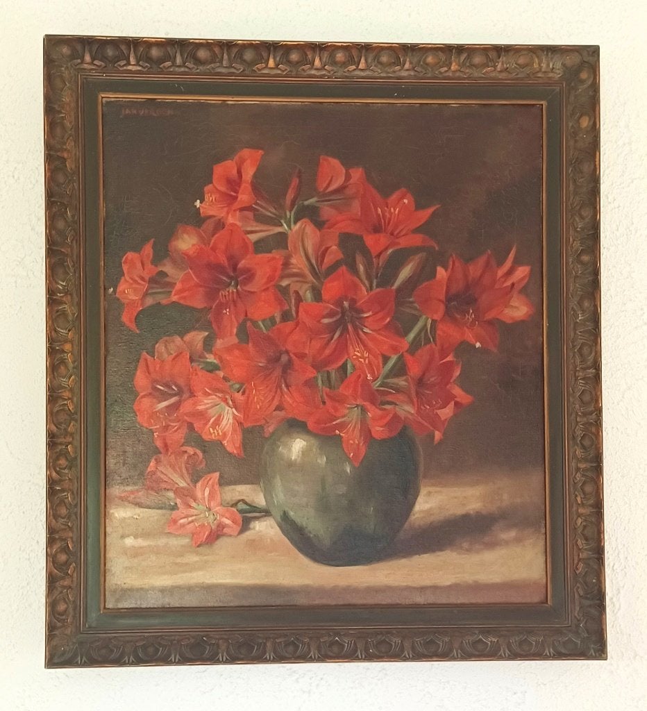 bloemenschilderij rode lelies met mooie kader - 74 x 66 cm, Antiquités & Art, Art | Peinture | Classique, Enlèvement, Signé, Fleurs