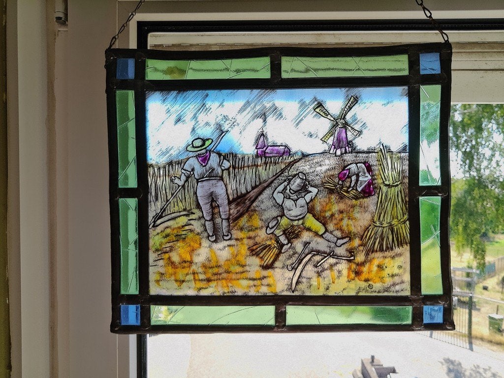 Vitrail ancien ou vintage fermier récolte céréales 33x27cm, Enlèvement ou Envoi