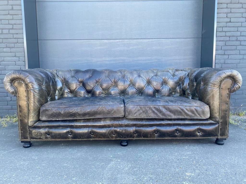 Stoere Chesterfield zetel vintage zwart, Enlèvement ou Envoi, Comme neuf, Cuir