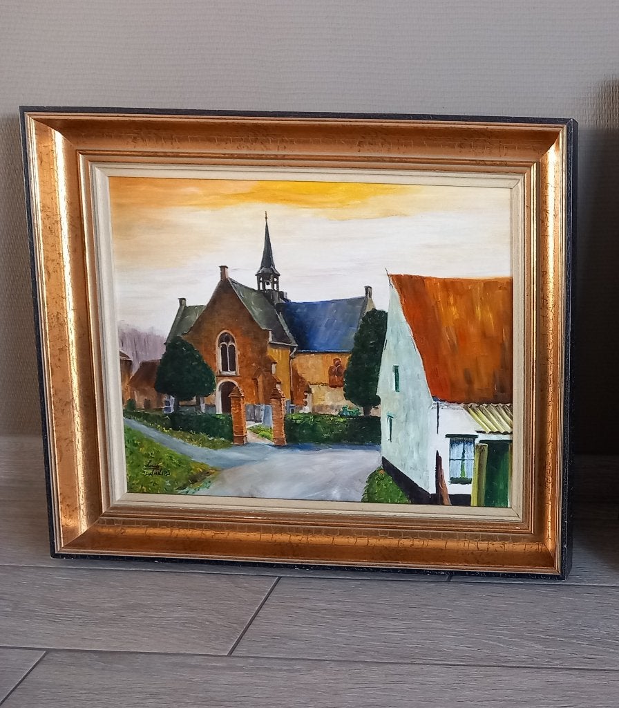 Schilderij Louis Philips "kerkje Vlassenbroek", Ophalen, Gesigneerd, Stads- / dorpsgezicht