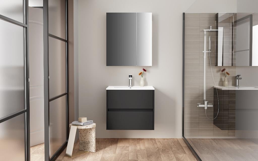 MEUBLE 60 + VASQUE + MIROIRE - NOIR MAT, Neuf, Meuble lavabo, Enlèvement, 50 à 75 cm
