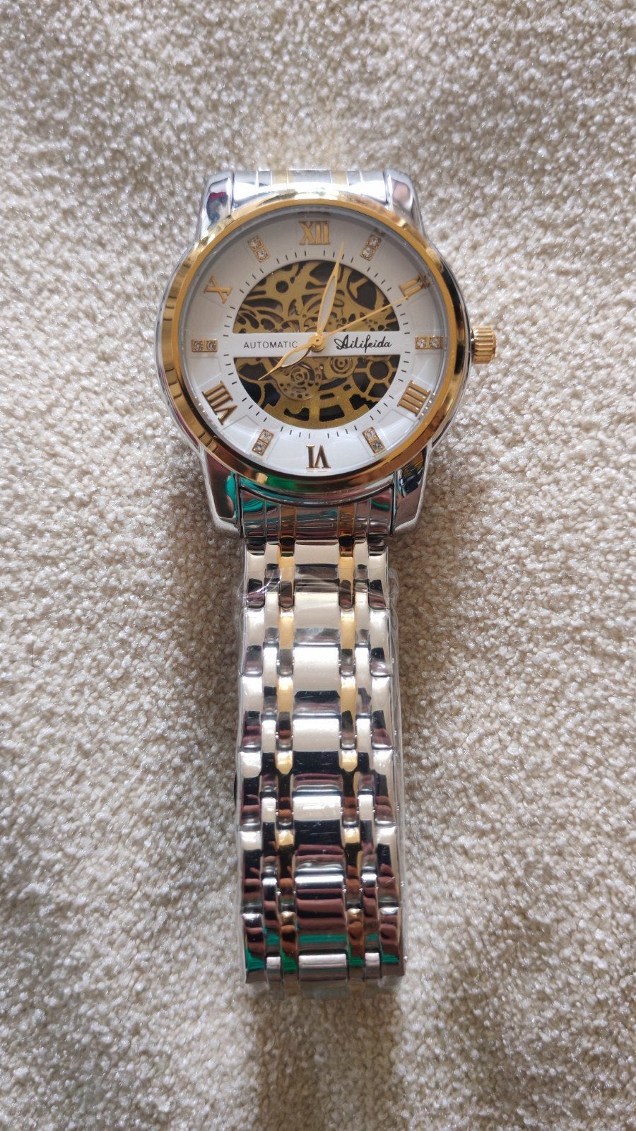 Montre automatique squelette Adifeida — Cadran blanc / Doré, Handtassen en Accessoires, Verzenden, Wit