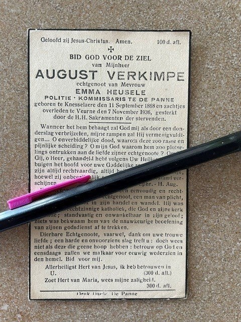 Commissaire de police DE PANNE M. VERKIMPE Knesselare +1936, Enlèvement ou Envoi, Image pieuse