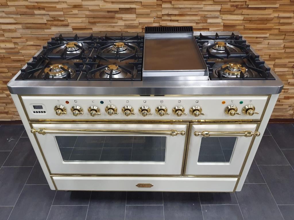 🔥Luxe Boretti Majestic Fornuis 121cm crème + messing frytop, Ophalen, 60 cm of meer, Zo goed als nieuw, Energieklasse A of zuiniger