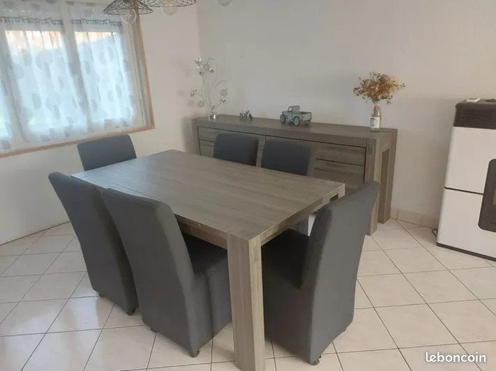 Eetkamer + TvMeubel + salontafel, Ophalen, Gebruikt, Laminaat Grijze Eik