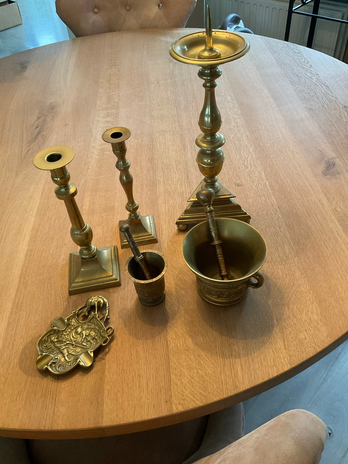 Brocante set Kandelaars en Vijzels, Antiquités & Art, Enlèvement ou Envoi, Cuivre ou Bronze