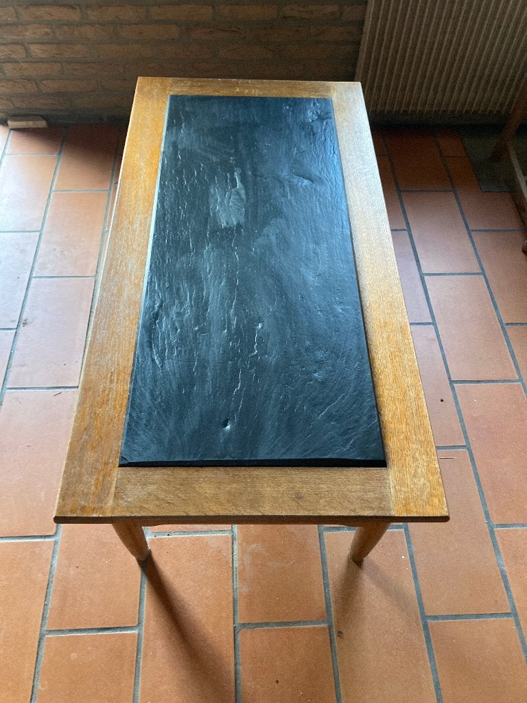Vintage eiken salontafel met leisteen inleg, Huis en Inrichting, Ophalen, Gebruikt, Eikenhout, Landelijk / vintage