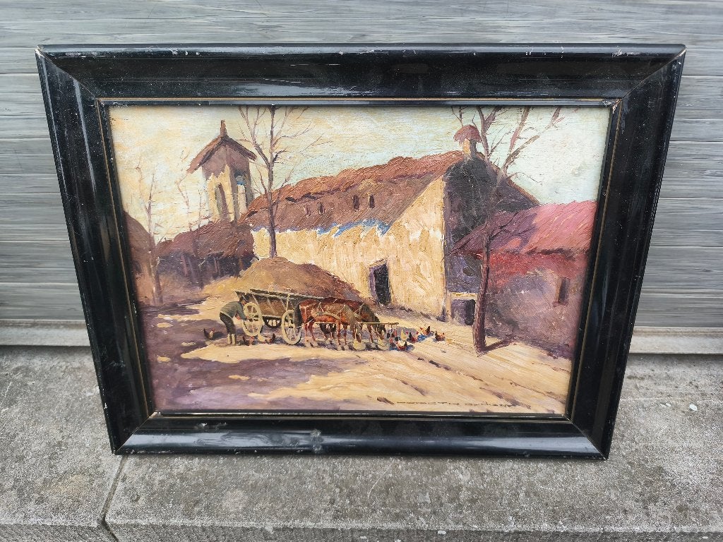 Huile sur panneau basse cour signe, Antiquités & Art, Art | Peinture | Classique, Enlèvement ou Envoi