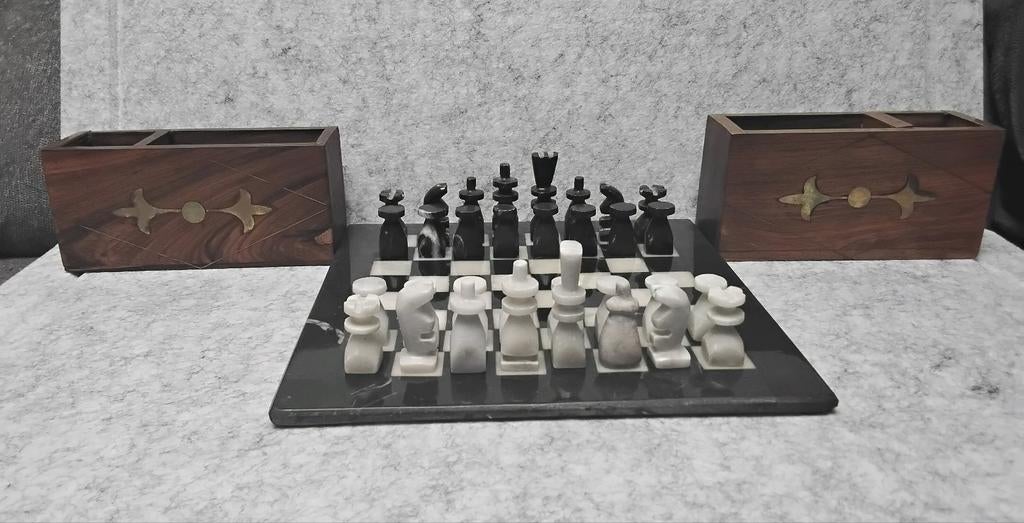 Marmeren schaakspel compact – compleet met houten boxen, Ophalen of Verzenden