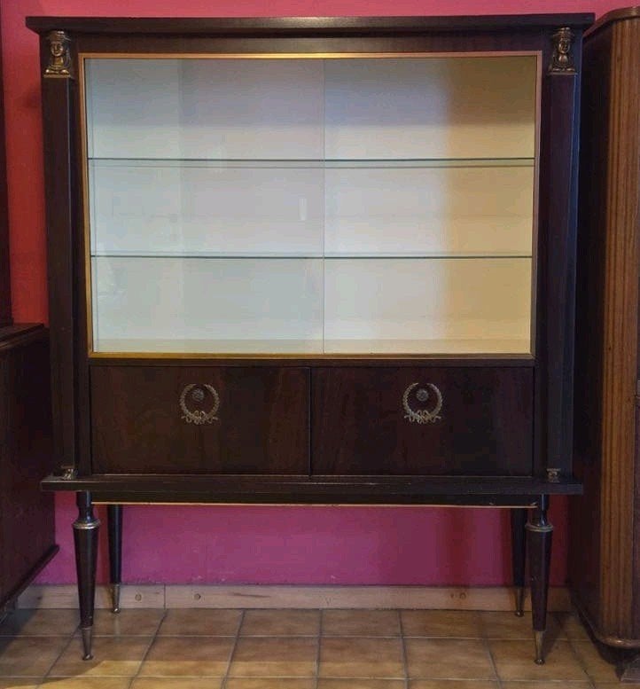 Vitrinekast uit donker hout gouden randje, neoclassicistisch, Ophalen