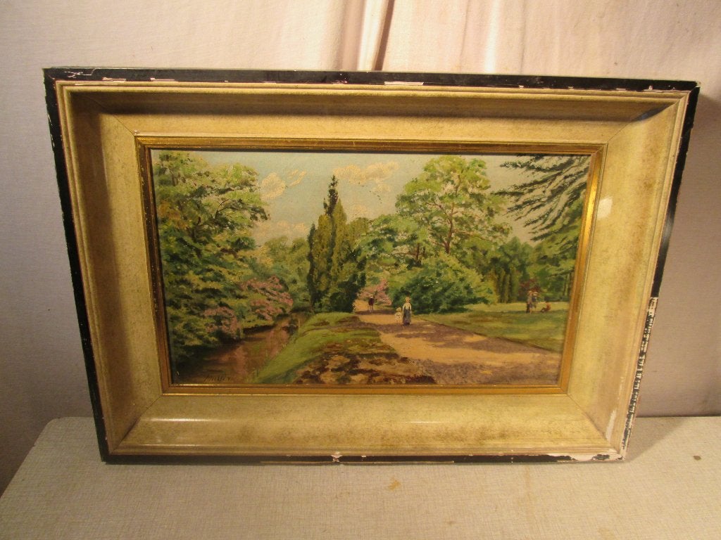 Œuvre magnifiquement peinte « Walking in the Park » - Muller, Enlèvement ou Envoi, Paysage, Toile, Signé