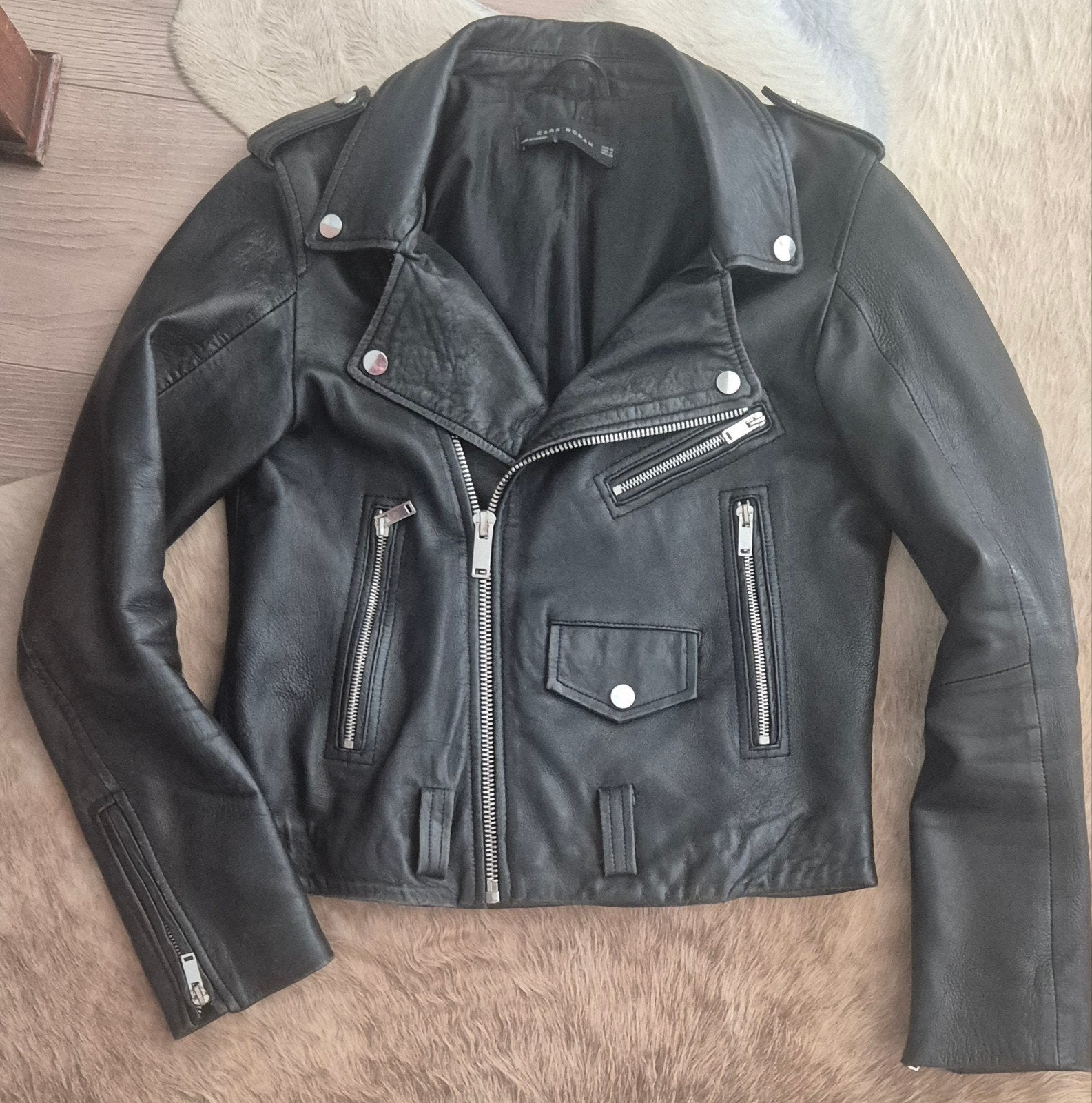 echt leren bikerjack zara maat m, Kleding | Dames, Jassen | Zomer, Maat 38/40 (M), Zwart, Ophalen of Verzenden