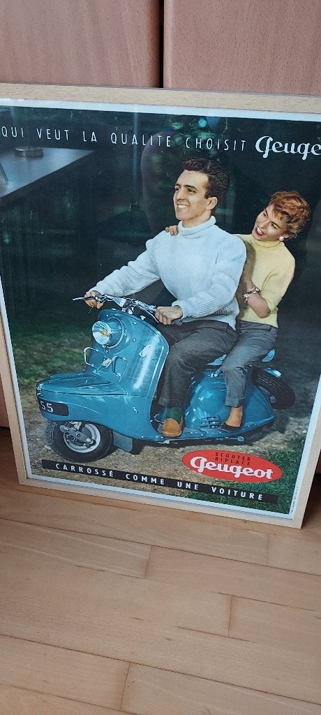 oude affiche "Peugeot scooter", 1955. Ingekaderd, Ophalen of Verzenden, Zo goed als nieuw, Reclamebord