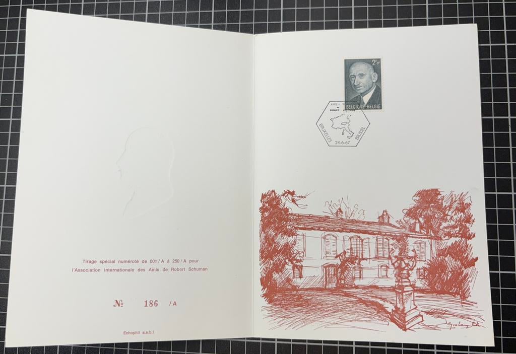 Robert Schuman Filatelistisch boekje 1967 - Druk nr. 186/250, Postzegels en Munten, Postzegels | Europa | België, Ophalen, Europa