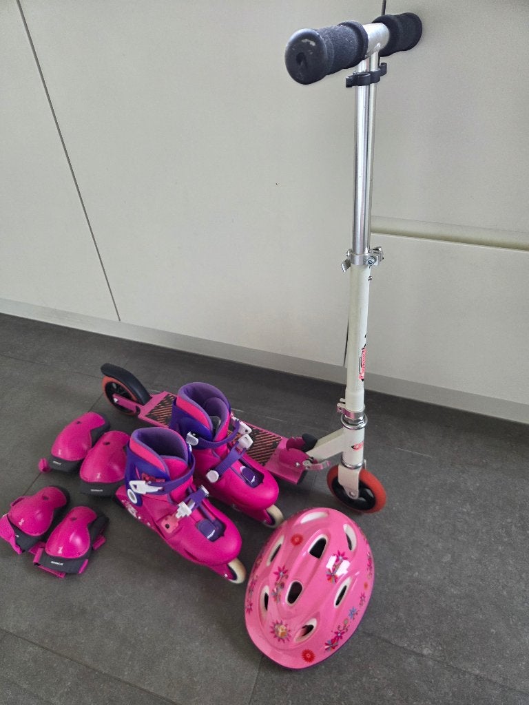 Setje Kinderskates, step en valbeveiliging, Sport en Fitness, Skeelers, Ophalen, Gebruikt