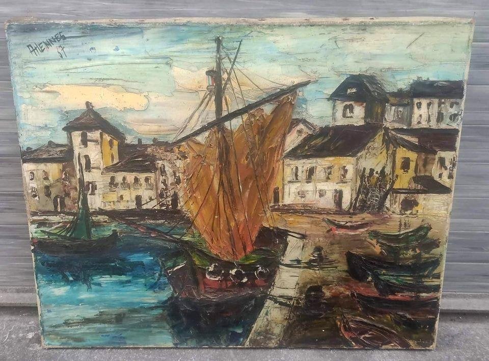 Huile sur toile marine signe athennes 87, Ophalen of Verzenden, Doek