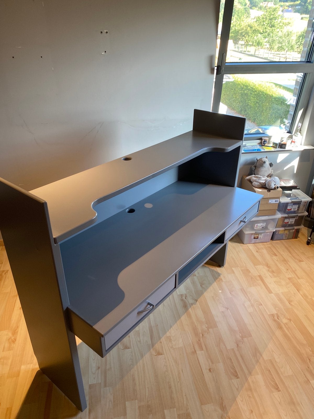 Bureau dvd/boekenkast, Ophalen, Grijs, Hout, Met lades