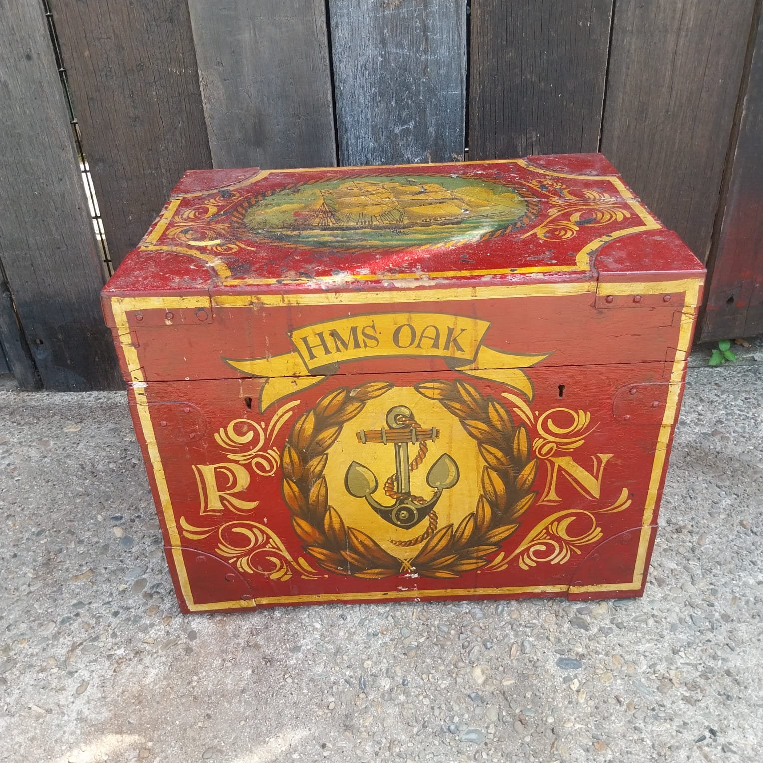 Vintage houten speelgoedkist “HMS Oak” – handbeschilderd, Ophalen, Gebruikt, ,, ,