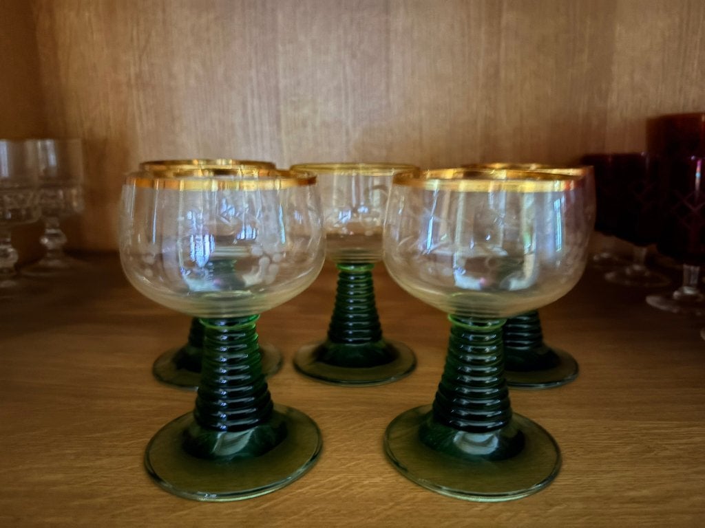 Vintage groene glazen met gouden rand – Boheems stijl, Enlèvement