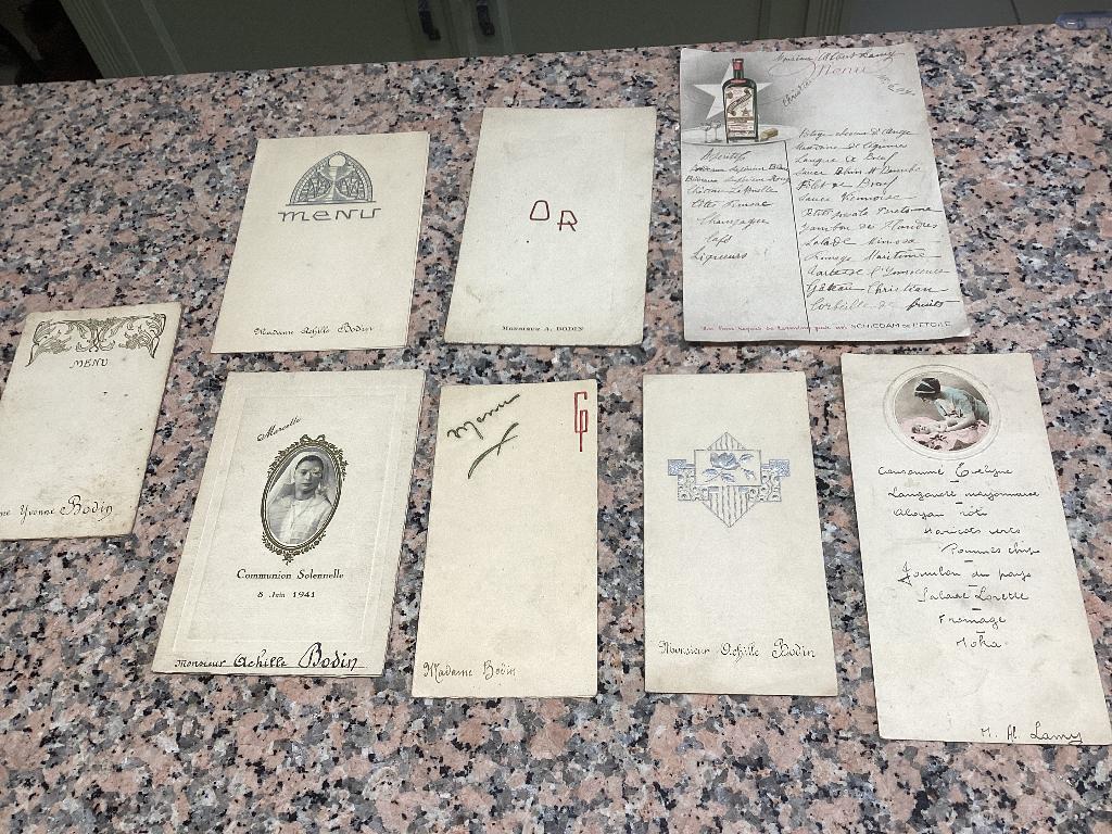 Lot van 8 oude menukaarten jaren 30-40, Verzamelen, Ophalen of Verzenden, Gebruikt, Overige typen