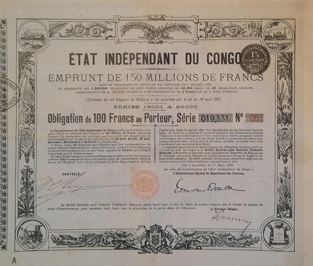 Etat Indépendant du Congo - obligation de 100 francs - 1888, Ophalen of Verzenden, Voor 1920, Aandeel