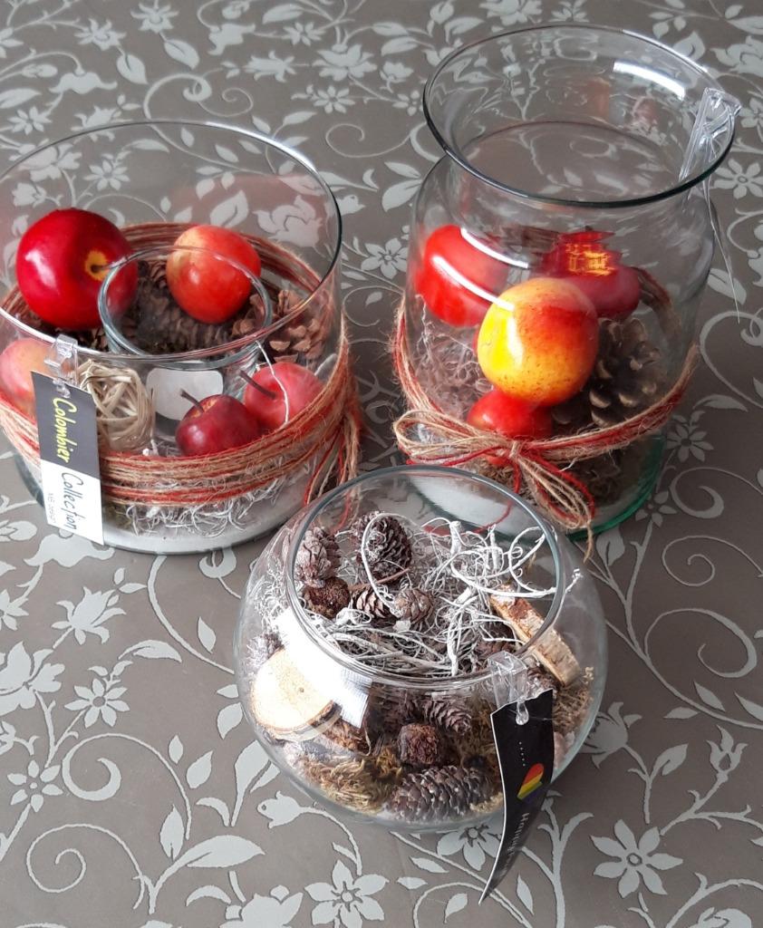 3 glazen potten met herfstdecoratie, Huis en Inrichting, Ophalen, Zo goed als nieuw