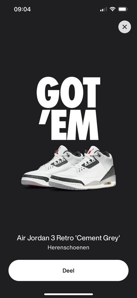 Nike air Jordan 3 retro Cement Grey maat EU45/US11, Ophalen of Verzenden, Nieuw