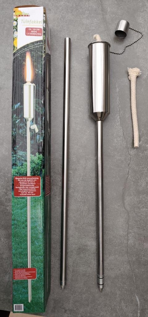 7 stuks RVS (inox) tuinfakkels + reserve lont, nieuw in doos, Jardin & Terrasse, Torches, Enlèvement, Neuf