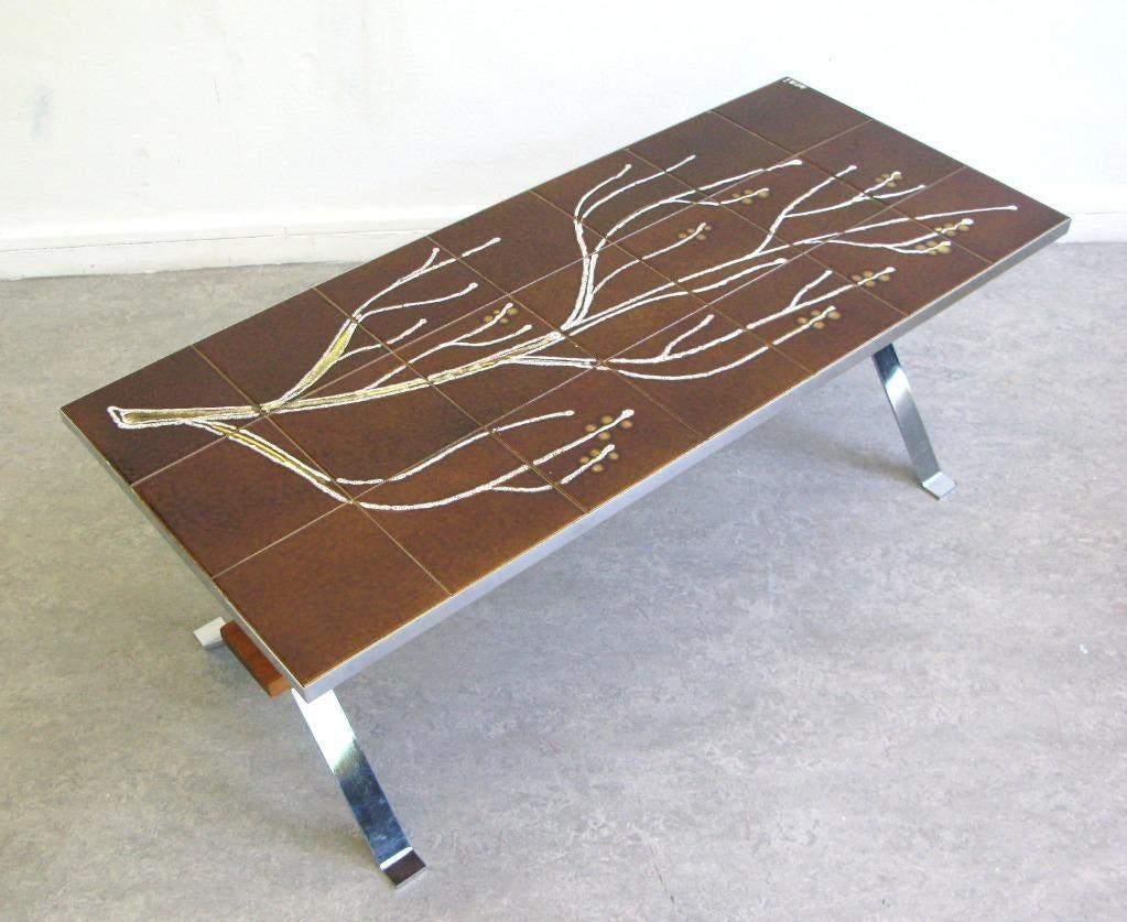 Vintage salontafel Fat Lave tegeltafel keramiek chroom hout, Huis en Inrichting, Tafels | Salontafels, Gebruikt, Minder dan 50 cm