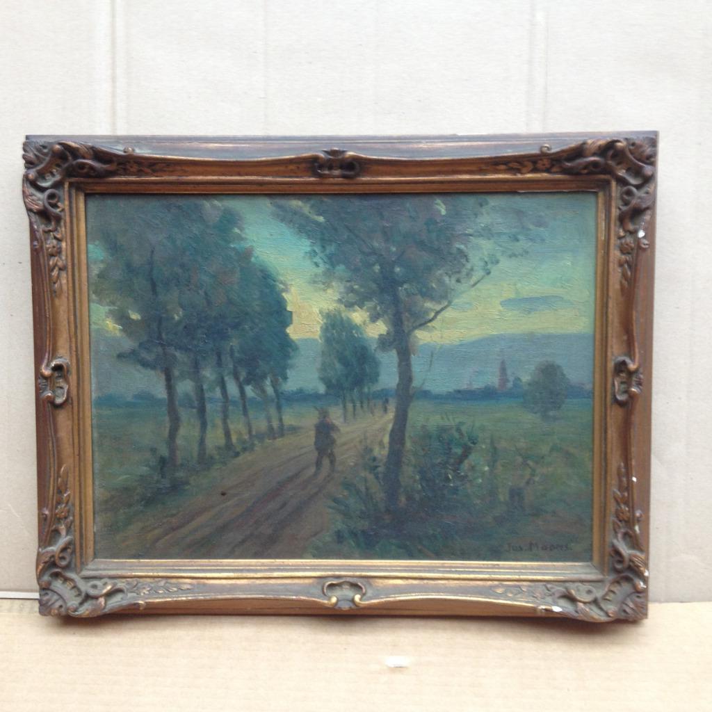 Schilderij Jos Moons op houten paneel met jager op 1930, Ophalen of Verzenden