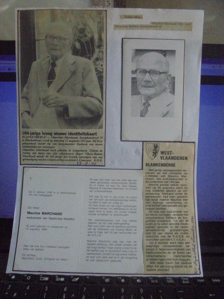 dp 104 jarige - Maurice Marchand, Verzamelen, Bidprentjes en Rouwkaarten, Ophalen of Verzenden, Bidprentje