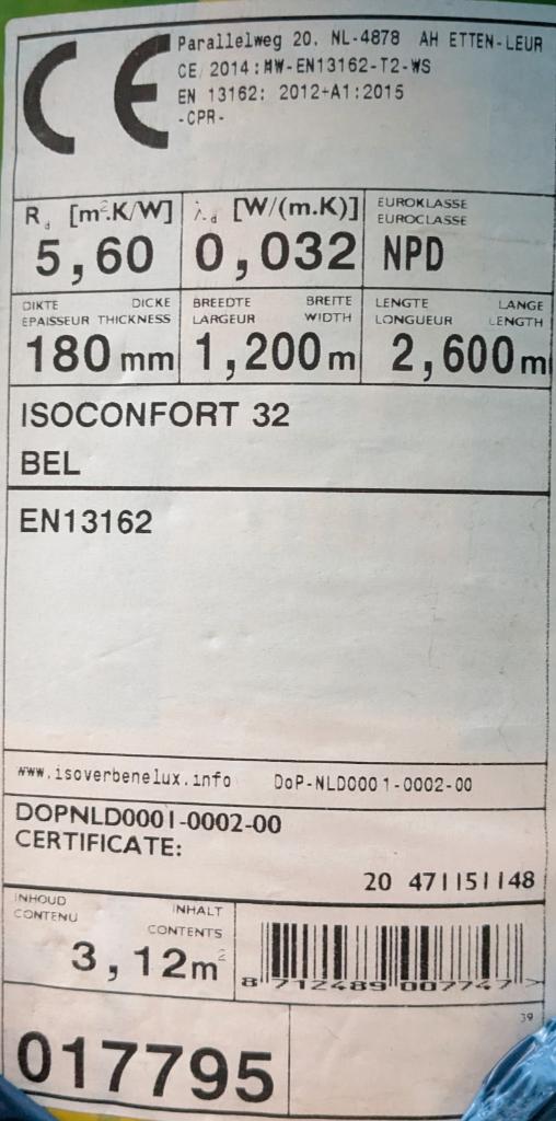 ISOVER Isoconfort 32 18cm/Rd5.60 (rol 3,12m²) grote rol, 12 cm of meer, Nieuw, Minder dan 5 m², Glaswol