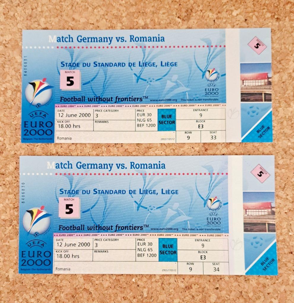 2 BILLETS : EURO 2000 Germany vs. Romania- MATCH 5, Collections, Articles de Sport & Football, Neuf, Enlèvement ou Envoi