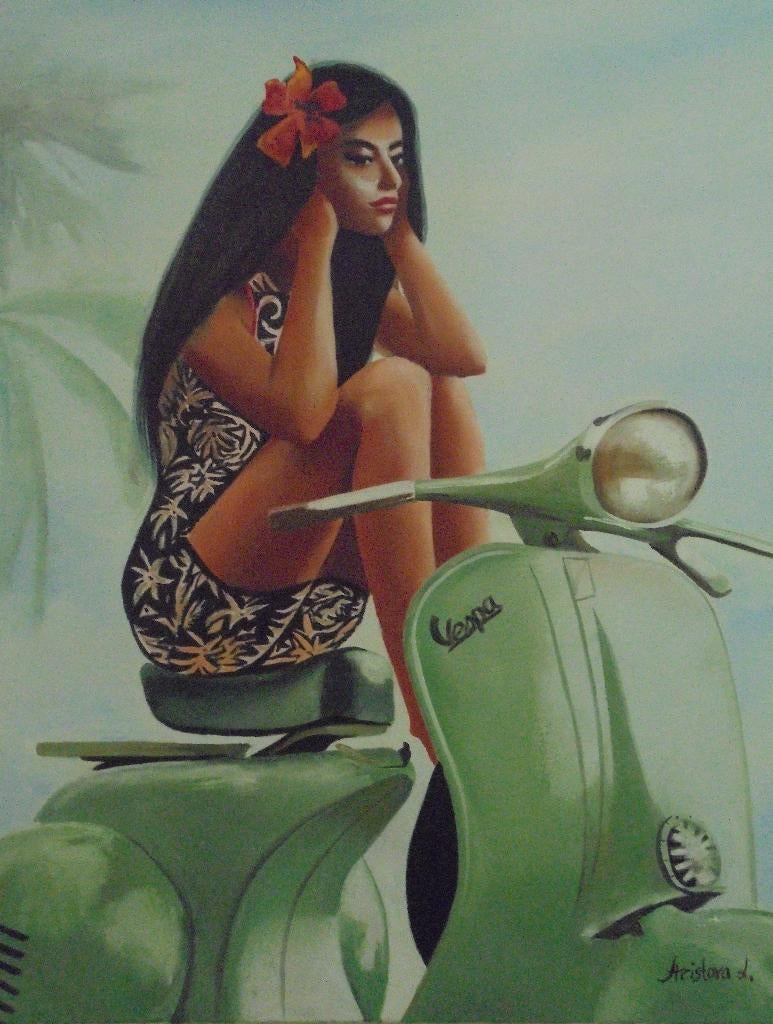olieschilderij Alone on my vespa (60x80), Antiek en Kunst, Ophalen of Verzenden