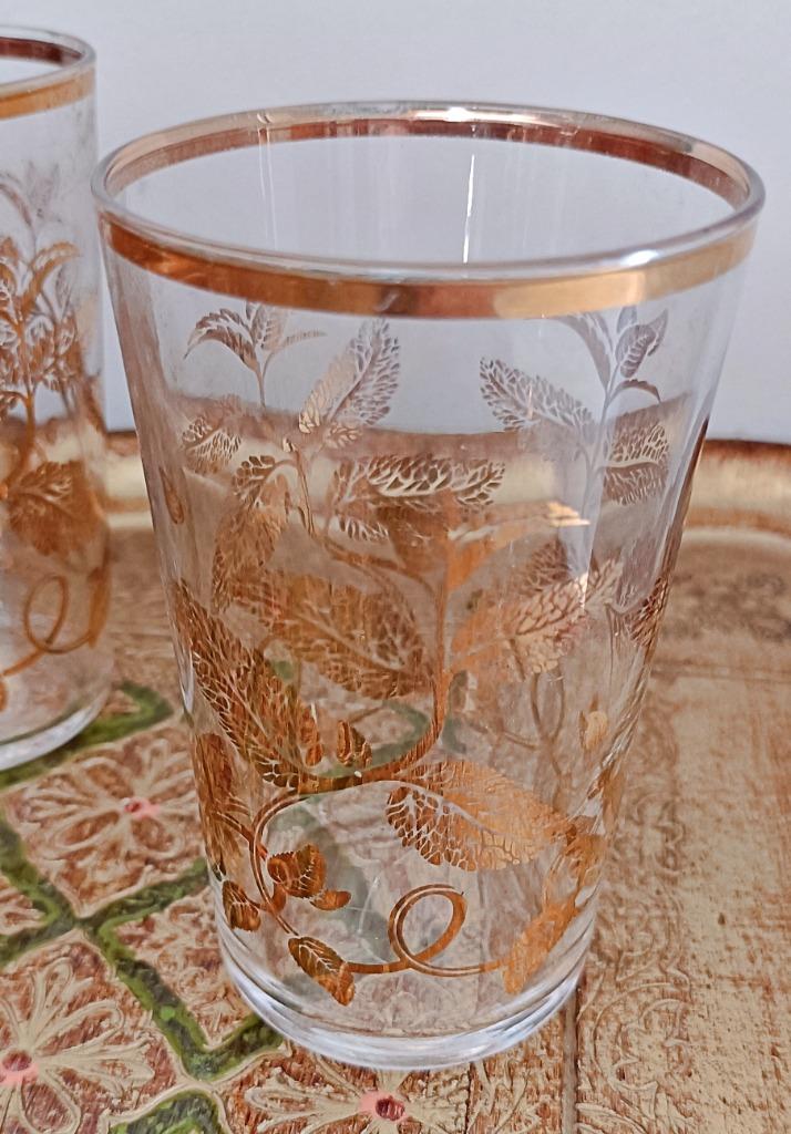 6 Verres en cristal vintage, motifs feuilles cuivrés, France, Ophalen of Verzenden