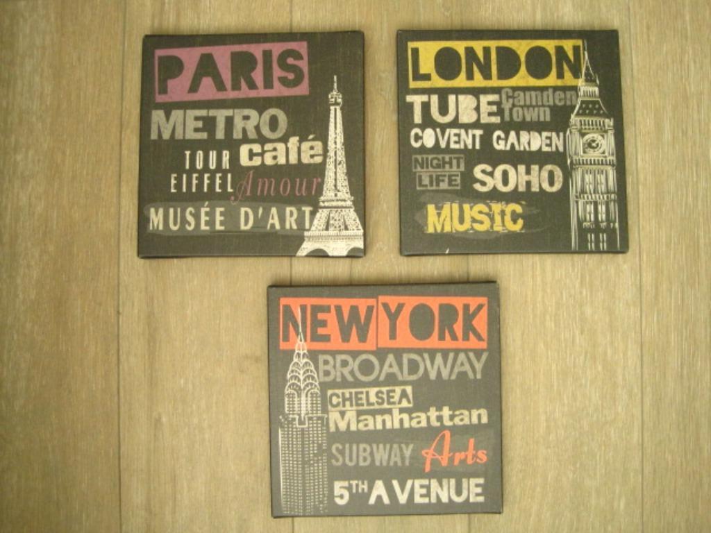 Set 3 canvas : London  Paris New York 25 x 25, Ophalen of Verzenden, Gebruikt, Minder dan 50 cm, Schilderij