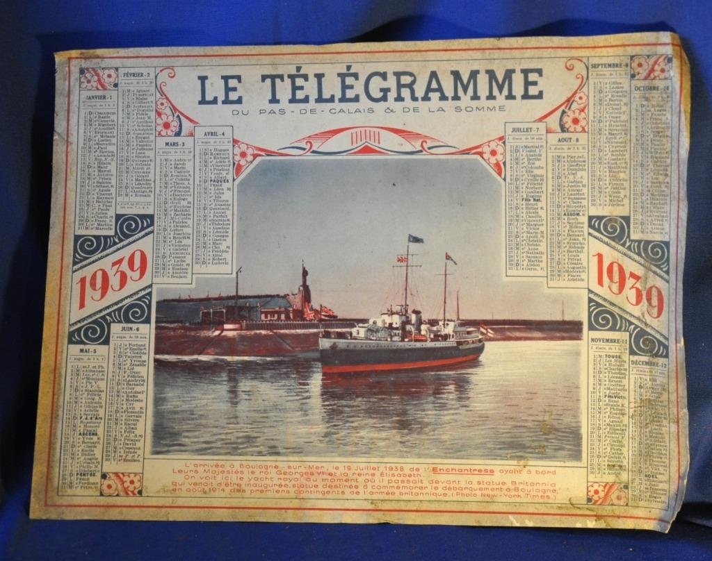 calendrier le telegramme du pas de calais de 1939, Enlèvement ou Envoi, Utilisé