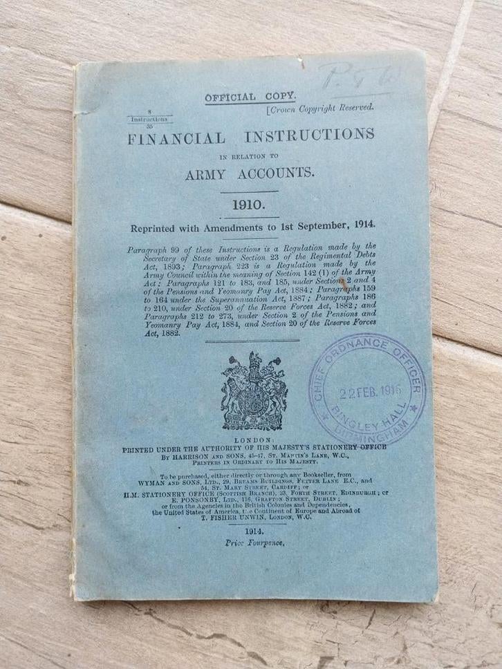 manuel anglais ww1 financial instructions army accounts 1915, Collections, Enlèvement ou Envoi