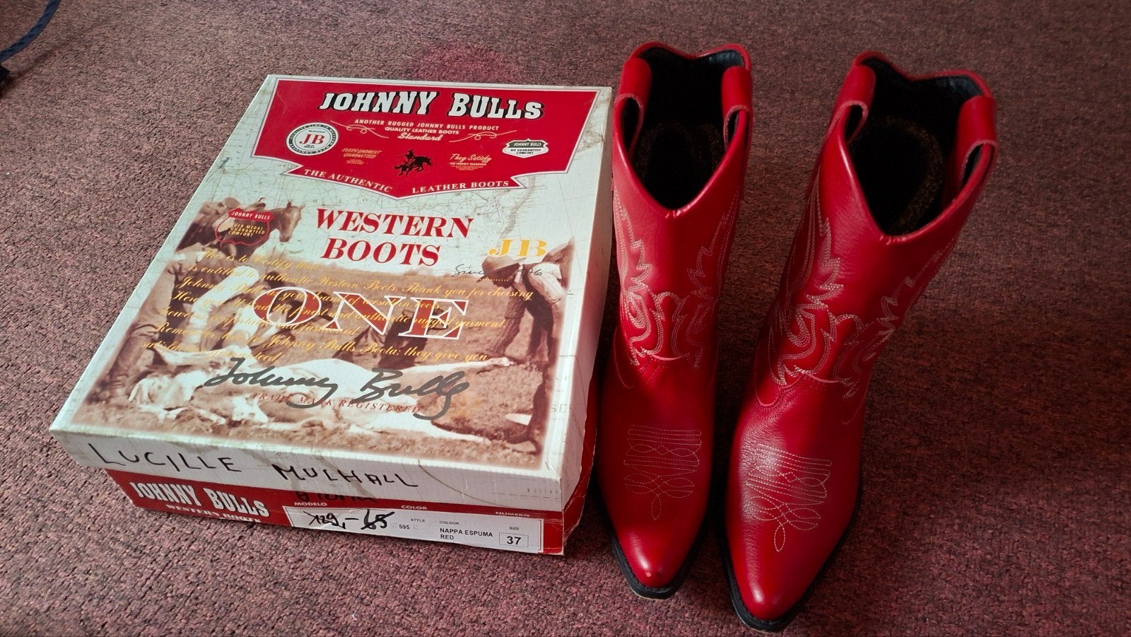 Rode cowboylaarzen van het merk Johnny Bulls in leder,maat37, Ophalen