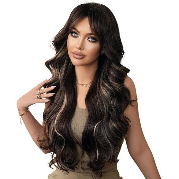 Donkerbruine pruik zeer lang haar met blonde highlights Mick, Verzenden, Nieuw
