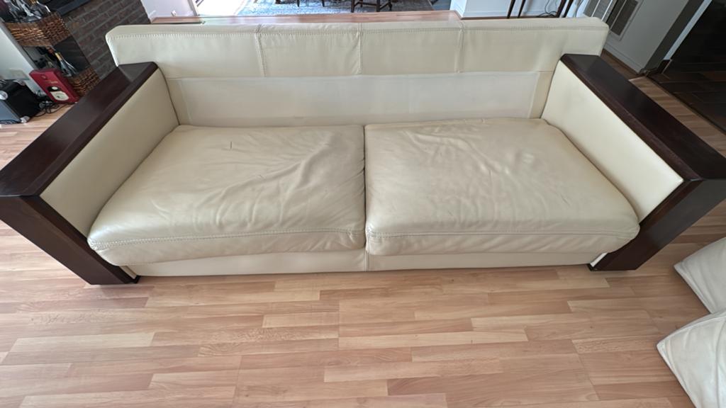 Converteerbare bank + 2 beige fauteuils van leer en hout, Ophalen, Gebruikt, Contemporaîn, Hout