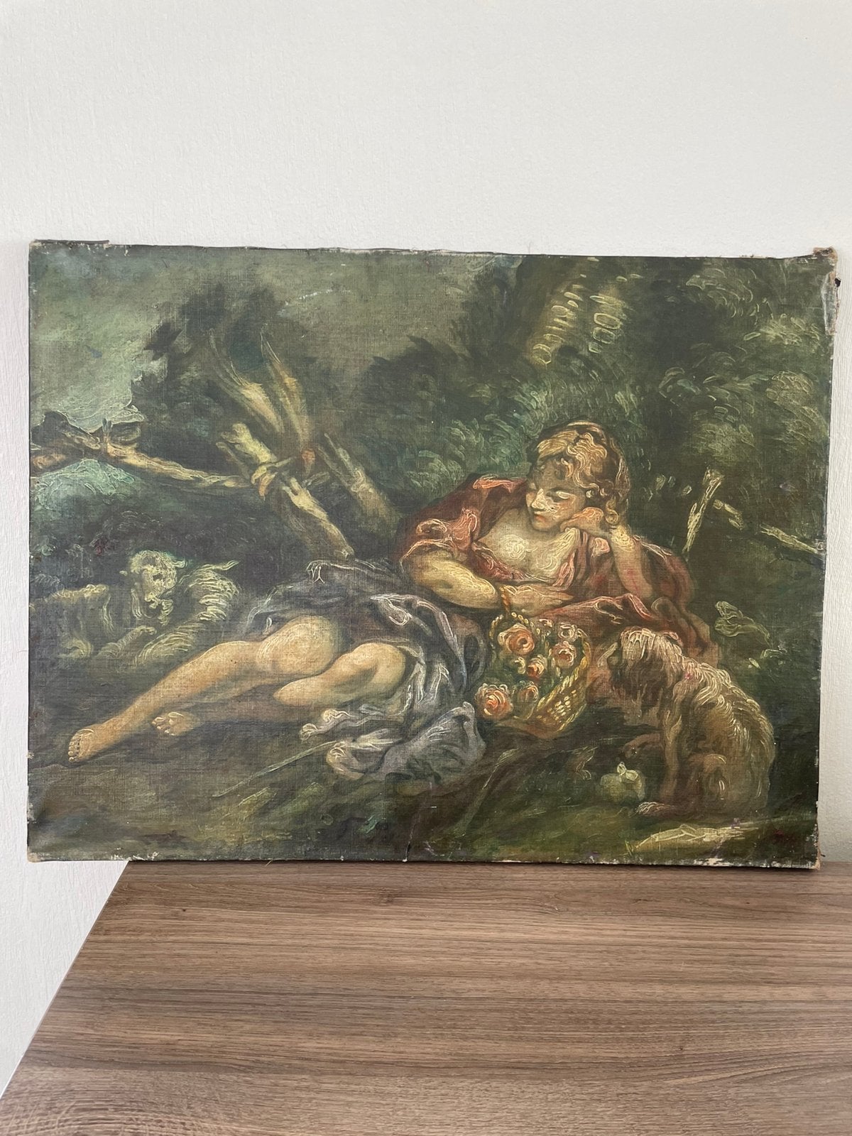 Antiek schilderij - Pastorale scène met herderin, Antiek en Kunst, Ophalen of Verzenden