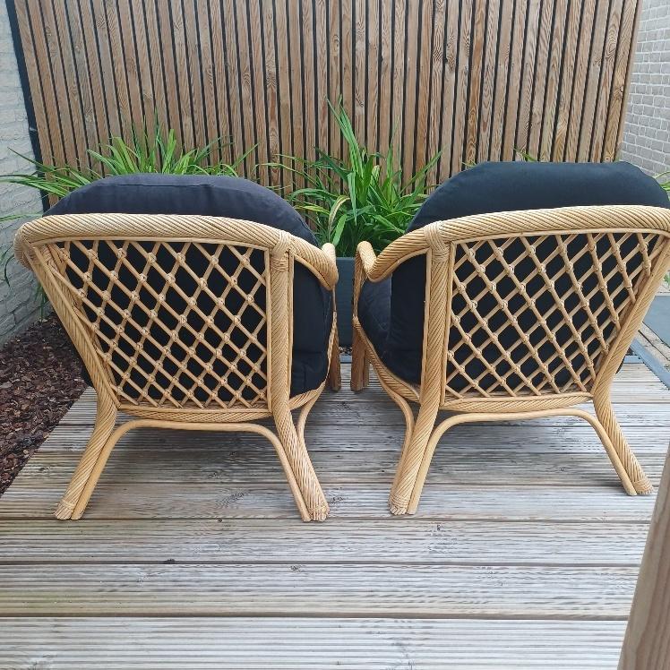 2 rotan (tuin) fauteuils incl. rug en zitkussens (zwart), Ophalen, Rotan
