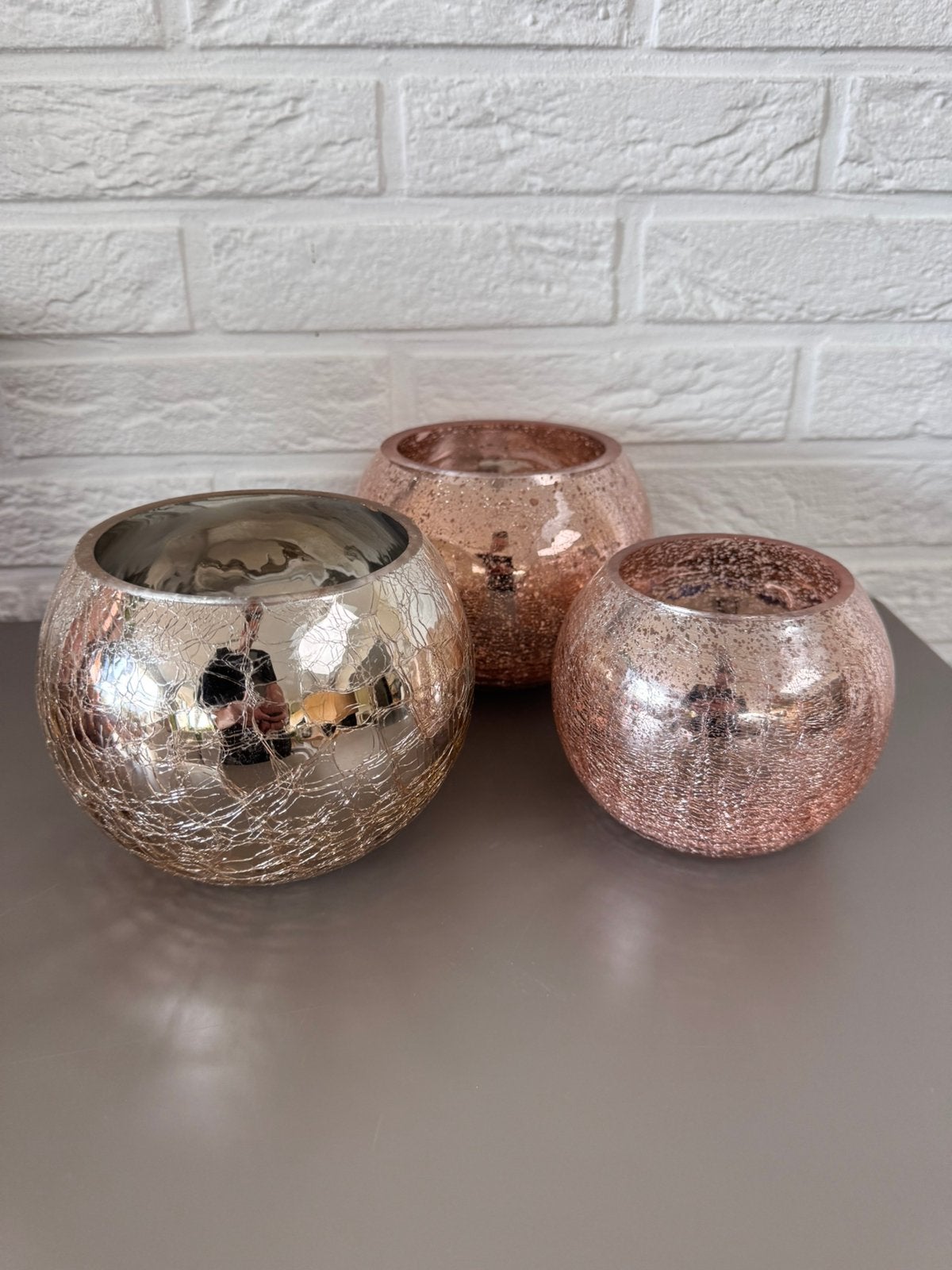 Lot de 3 photophores en verre – argenté et rose poudré, Ophalen, Windlicht, Roze, Glas