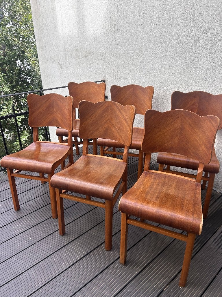 Set van 6 vintage houten bistrostoelen (jaren 50), Gebruikt, Art deco, bistro, Bruin, Ophalen of Verzenden