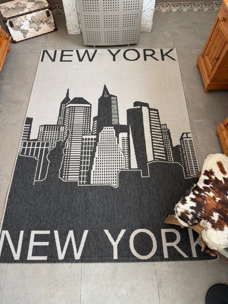 Vloerkleed New York skyline – zwart/beige, vlakgeweven, Maison & Meubles, Enlèvement, Utilisé, Noir, Rectangulaire