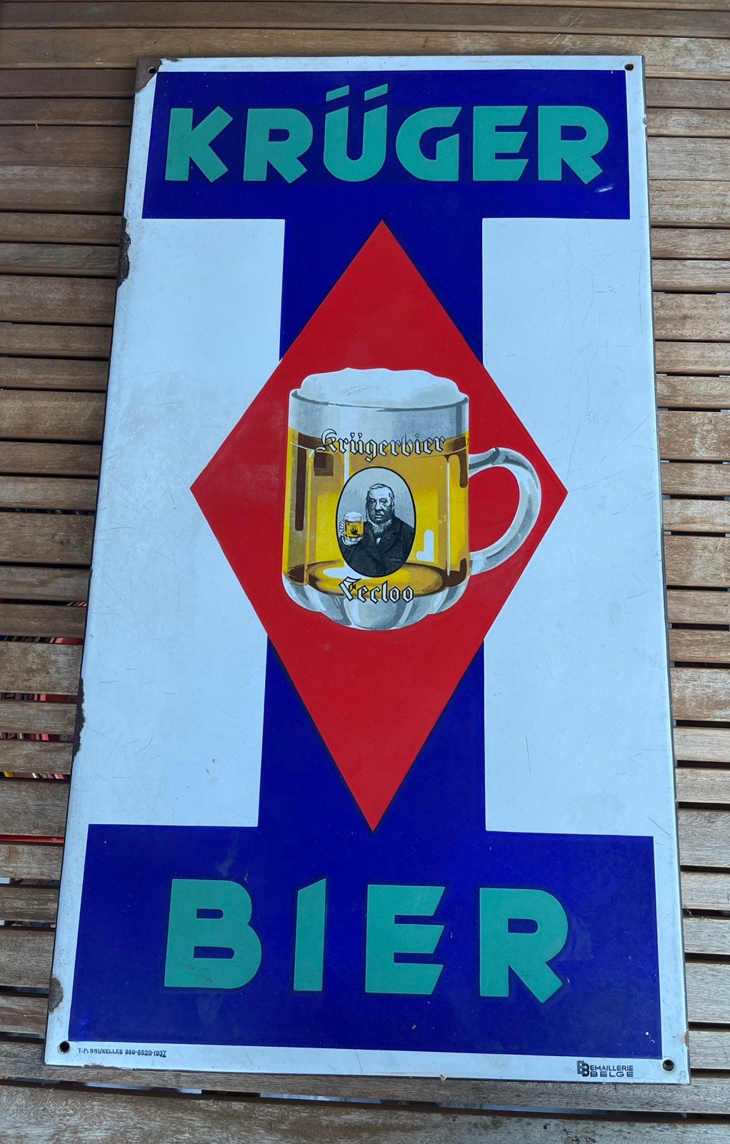 Emaille plaat Kruger Bier, Enlèvement, Utilisé, Panneau publicitaire