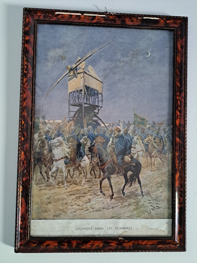 Prent Georges Scott 1915  "Goumiers dans les Flandres", Verzamelen, Ophalen, Gebruikt, Voor 1940, Prent
